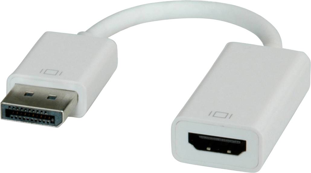 Bílý adaptérový kabel s konektorem DisplayPort a vstupem HDMI, používaný k propojení zařízení s rozdílnými rozhraními.