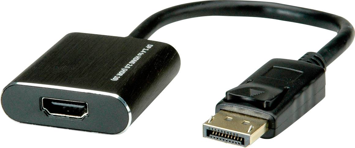 DisplayPort na HDMI adaptérový kabel, černý, s konektorem DisplayPort na jedné straně a portem HDMI na straně druhé.