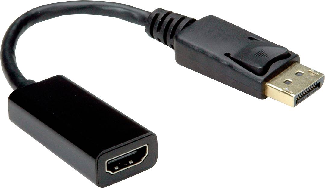 Černý adaptérový kabel z DisplayPortu na HDMI. Vlevo konektor HDMI, vpravo konektor DisplayPort.