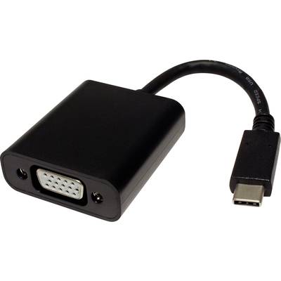 Černý adaptér s konektorem USB-C na VGA výstup pro připojení počítačů k projektorům nebo monitorům.
