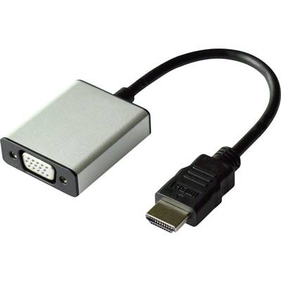 HDMI-VGA adaptér s černým kabelem a stříbrným pouzdrem, používaný pro připojení zařízení kompatibilních s HDMI k VGA monitorům.