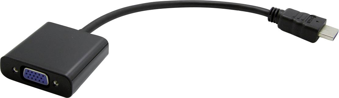 Černý adaptérový kabel HDMI na VGA, levý konec s VGA konektorem a pravý konec s HDMI zástrčkou.