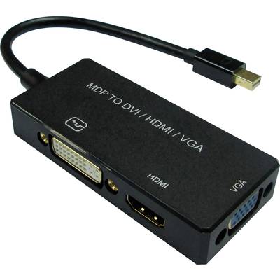 Černý adaptér s konektorem Mini-DisplayPort a třemi výstupy: DVI, HDMI a VGA, vhodný pro monitory nebo projektory.
