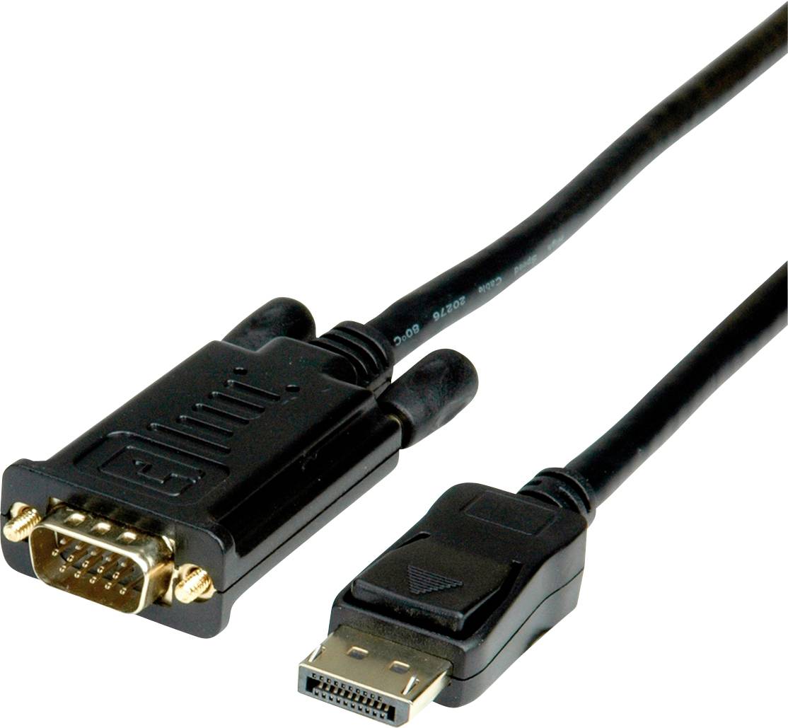 VGA-DisplayPort kabel ukazuje různé konektory na obou koncích, vhodné pro propojení starších monitorů s novějšími počítači.