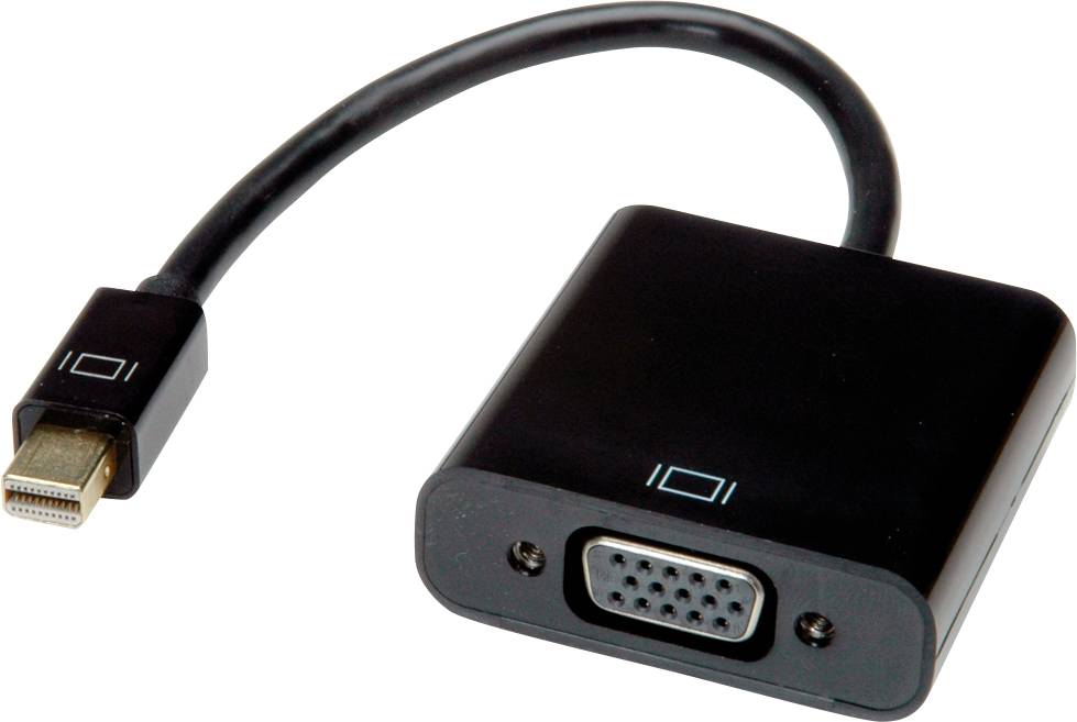 Adaptér z Mini DisplayPort na VGA: Černý adaptér s konektorem Mini DisplayPort a konektorem VGA.