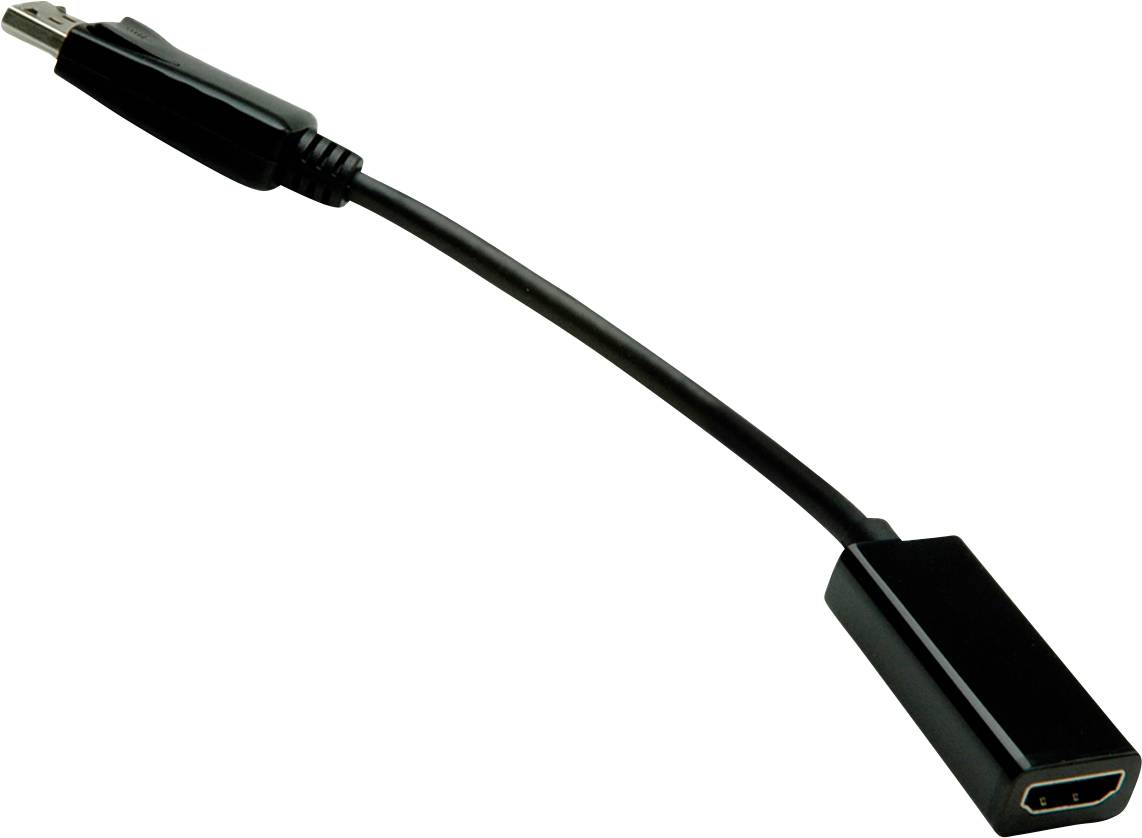 Černý HDMI adaptační kabel s zdířkou na pravé straně a konektorem na straně levé.