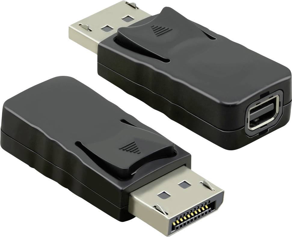 Černý DisplayPort adaptér s kovovým konektorem a USB portem, určený pro propojení zařízení s různými rozhraními.