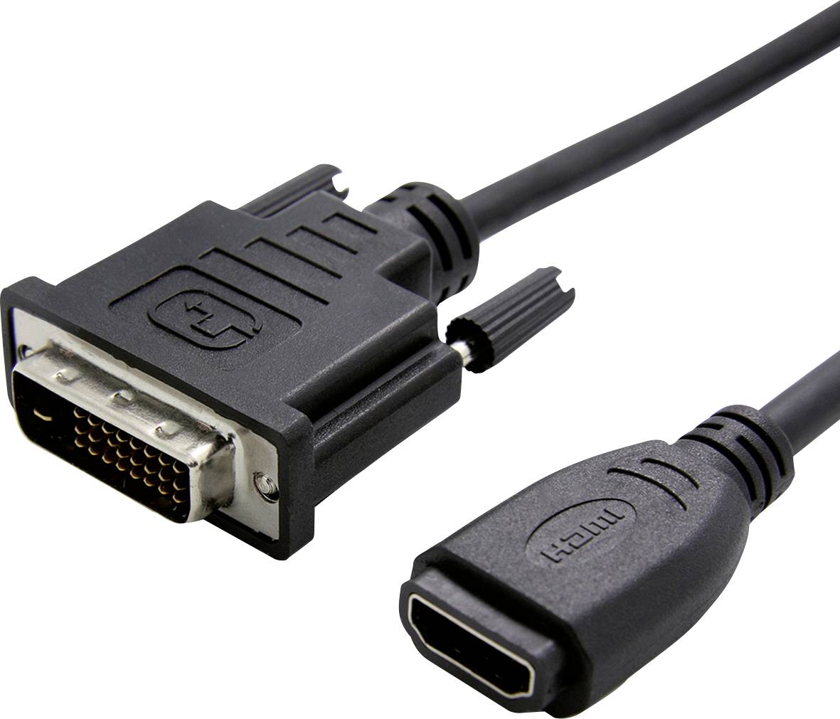 Černý kabel DVI na HDMI, který umožňuje propojení zařízení s různými typy konektorů.