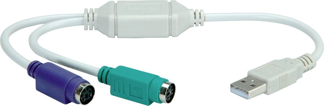 Adaptérový kabel PS/2 na USB se dvěma fialovými a zelenými PS/2 konektory, propojený bílým USB konektorem.