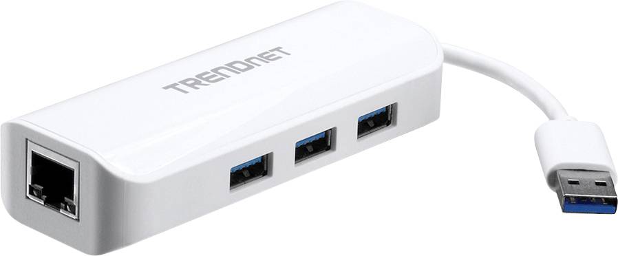 Bílý USB hub se třemi USB porty a jedním ethernetovým portem, propojený USB kabelem. Označení 'TRENDnet'.