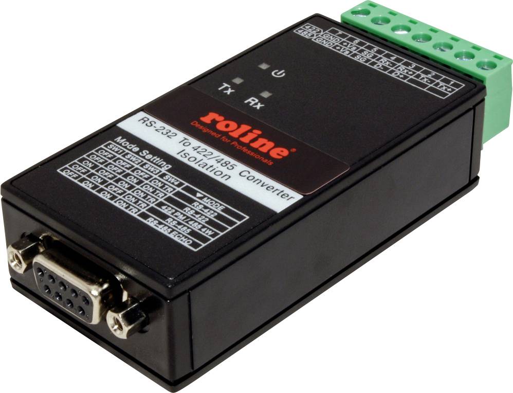 Konvertor ROLINE RS-232 na RS-422/485, černý se zelenou připojovací lištou. Propojuje sériová rozhraní pro přenos dat.