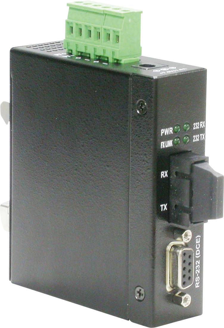 Černý měnič s zelenými připojovacími svorkami a několika LED diodami na straně. Dole má RS-232 port.