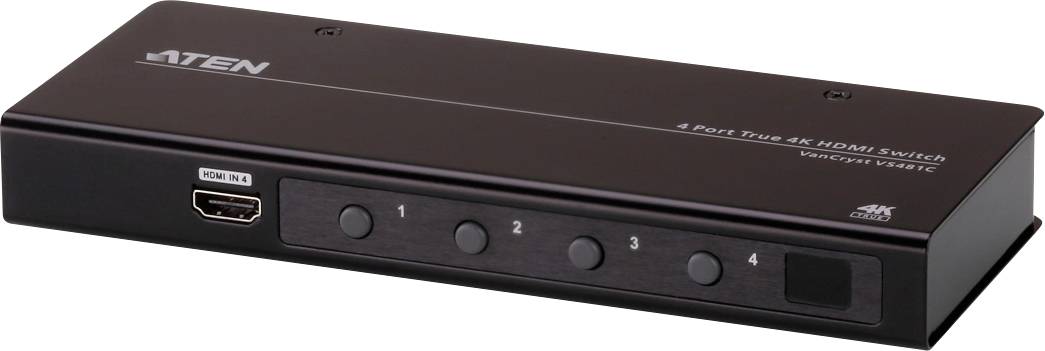 Černý HDMI přepínač se čtyřmi očíslovanými tlačítky pro různé vstupy a HDMI konektorem vlevo.