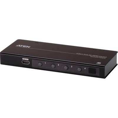 Černý HDMI přepínač se čtyřmi očíslovanými tlačítky pro různé vstupy a HDMI konektorem vlevo.