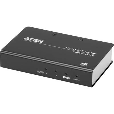 Černý 2-portový HDMI splitter s nápisem '2 Port HDMI Splitter VanCryst VS182B', vhodný pro 4K média.