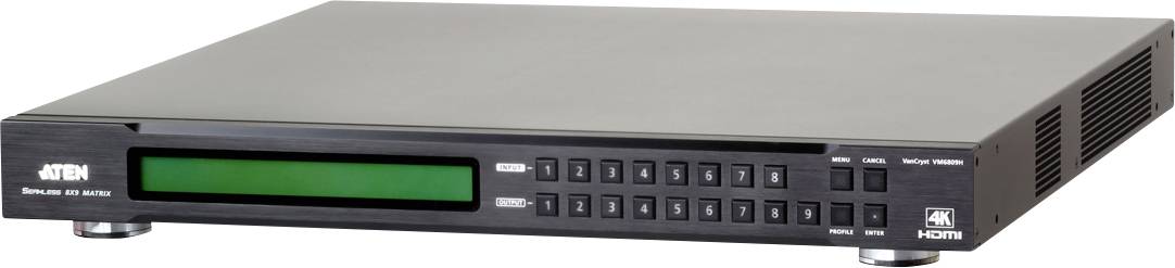 Černý HDMI switch se zeleným displejem a ovládacími tlačítky na přední straně. Logo a HDMI porty jsou viditelné.