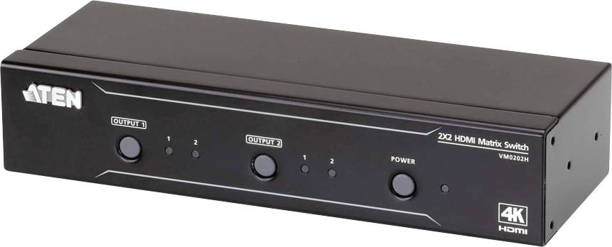 Černý 2x2 HDMI matrix přepínač od ATEN s podporou 4K, dva vstupní a dva výstupní přepínače, vhodný pro přepínání videa.