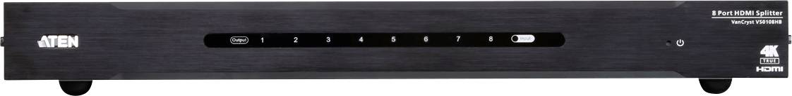 Černý HDMI přepínač s více vstupy od společnosti ATEN, podporující přenos 4K, vhodný pro profesionální audiovizuální instalace.