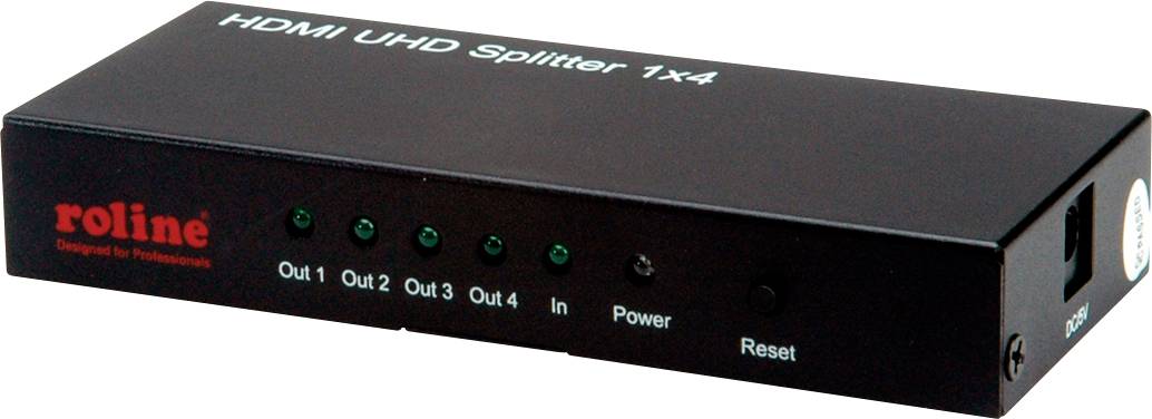 Černý HDMI UHD rozbočovač 1x4 od Roline s jedním vstupním a čtyřmi výstupními porty, včetně napájecího a resetovacího spínače.