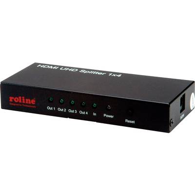 Černý HDMI UHD rozbočovač 1x4 od Roline s jedním vstupním a čtyřmi výstupními porty, včetně napájecího a resetovacího spínače.