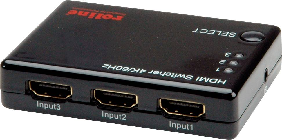 HDMI přepínač 4K/60Hz se třemi HDMI vstupy a výběrovým tlačítkem. Umožňuje přepínání mezi několika HDMI zdroji.