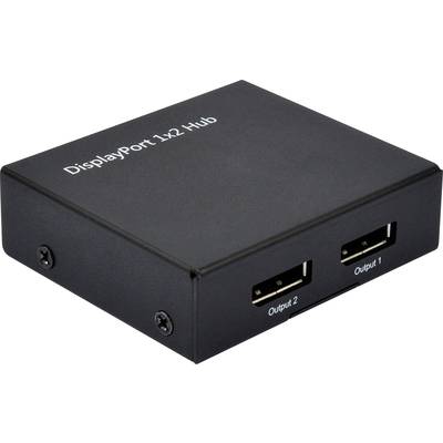Rozbočovač DisplayPort 1x2 se dvěma výstupy pro distribuci signálu DisplayPort na dva monitory. Zařízení je černé a obdélníkového tvaru.