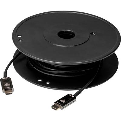 Černá kabelová cívka s namotaným HDMI kabelem, na které jsou viditelné dva koncové konektory.