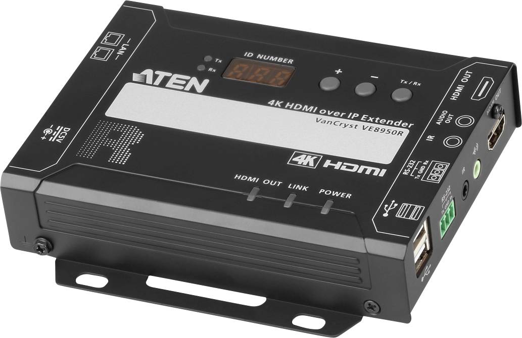4K HDMI over IP extender zařízení pro přenos signálu, vybavené HDMI a USB porty a indikátory stavu pro napájení, propojení a výkon.