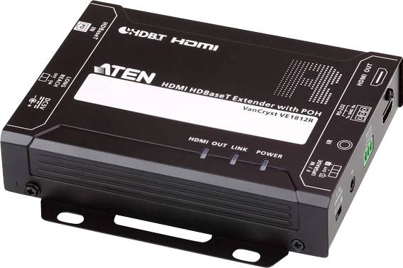 Černý HDMI HDBaseT extender s POH. Potisk: 'ATEN HDMI HDBaseT extender s POH VanCryst VE1812R'. HDMI a linkové konektory viditelné.