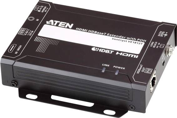 Černé zařízení HDMI HDBaseT Extender s POH, model 'VanCryst VE1812T' od společnosti ATEN. Vybaveno HDMI a HDBaseT konektory a stavovými LED diodami.
