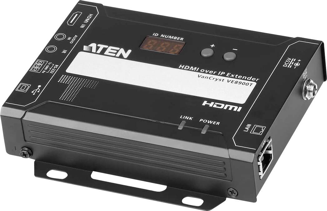 HDMI-over-IP extender s síťovým připojením a LED indikátorem, model ATEN VE8900T, pro přenos HD signálů prostřednictvím IP sítě.
