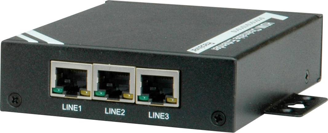 Černé síťové zařízení se třemi ethernetovými porty, označené jako 'LINE1', 'LINE2' a 'LINE3'. V levém horním rohu jsou vyznačeny značicí čáry.