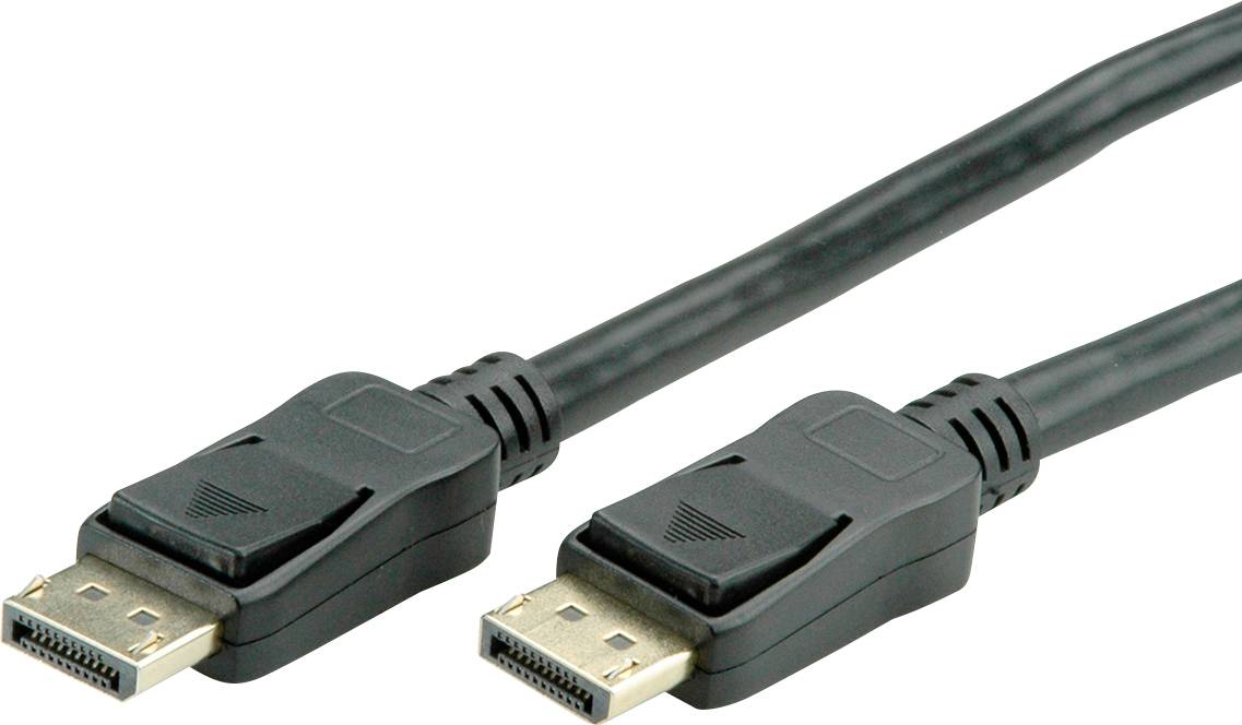 Černý DisplayPort kabel se dvěma konektory, vhodný pro připojení počítačů a monitorů k přenosu video a audio signálů.