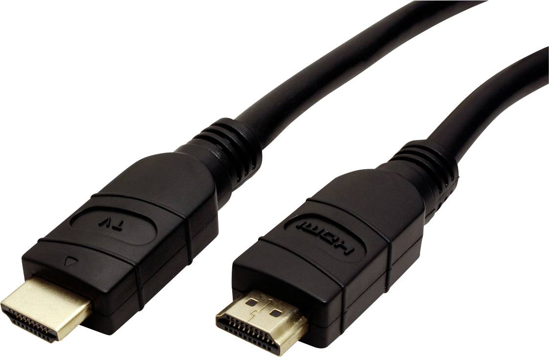 Černý HDMI kabel se dvěma konektory, jeden s nápisem 'TV', druhý s nápisem 'HDMI', na bílém pozadí.