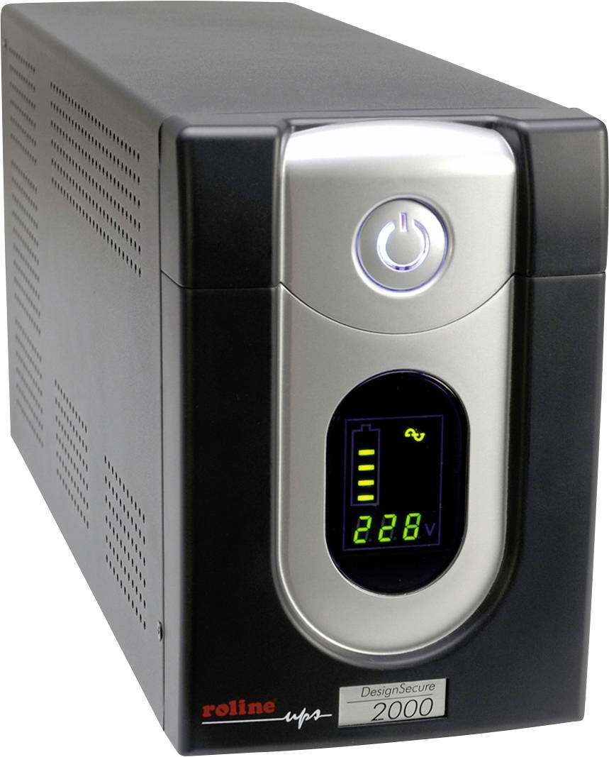 Černý nepřerušitelný zdroj napájení (UPS) s digitálním displejem, zobrazuje 228 voltů. Hlavní vypínač nahoře, červené a zelené LED kontrolky. Název značky dole vlevo.