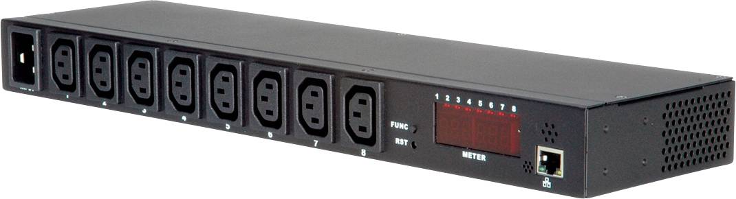 Černá rozvodná jednotka s osmi zásuvkami a digitálním displejem. Vhodná pro serverovny nebo technická prostředí.