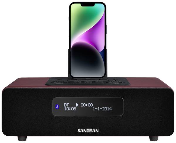 Sangean DDR-38 A500323 stolní rádio, DAB+, DAB, FM, Apple Dock, AUX, Bluetooth, s USB nabíječkou, vč. dálkového ovládání, funkce alarmu, hnědá