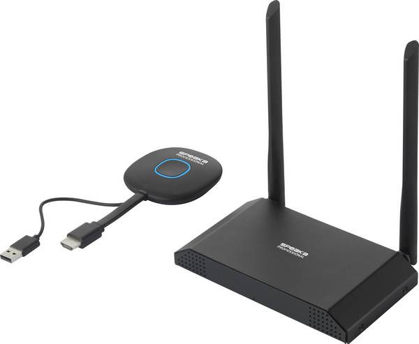 <br>  SpeaKa Professional<br>  SP-VShare<br>  Bezdrátový prezentační systém 4K UHD<br>  4cestný multiprohlížeč, Digital Whiteboard-Funktion, Zabezpečený rádiový přenos, Kompatibilní s Airplay a DLNA<br>  50 m<br>  2.4 GHz, 5 GHz, 5.8 GHz<br>  3840 x 2160 Pixel<br>