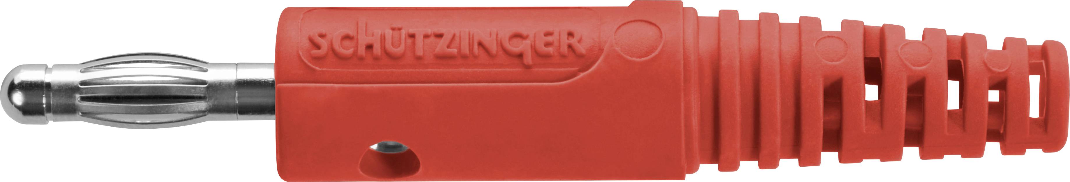 Červený konektorový konektor s kovovým kolíkem vlevo a plastovým obalem. Text 'Schutzinger' je vtisknut do obalu.