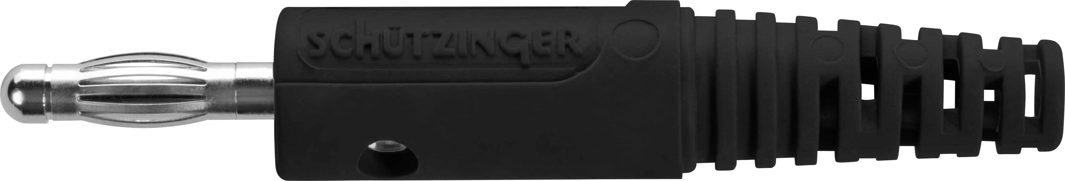 Černá zástrčka s kovovým hrotem a textem 'SCHUETZINGER' na straně.