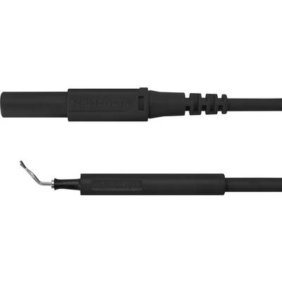 Černý kabel s jedinečným konektorem a malým kovovým hrotem na konci leží vodorovně.