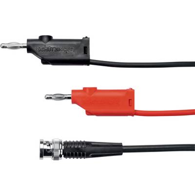 Černý a červený měřicí kabel s banánkovými konektory a BNC konektorem, používaný k elektrickému propojení v měřicích přístrojích.