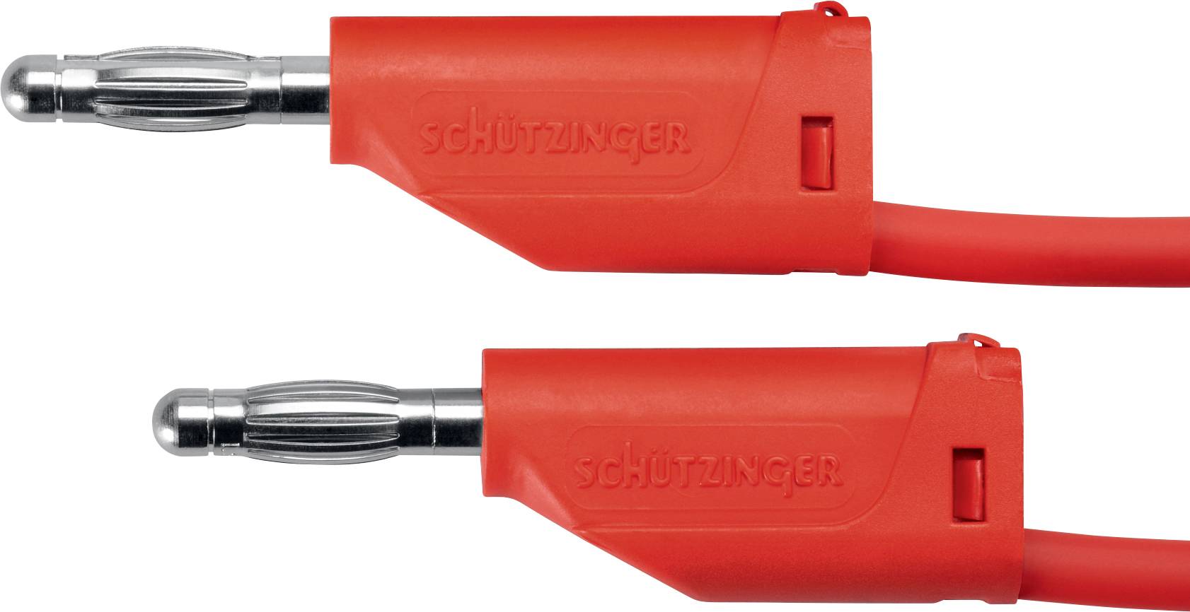 Dva červené banánkové konektory s izolací a nápisem 'Schützinger', běžně používané k bezpečnému elektrickému propojení.