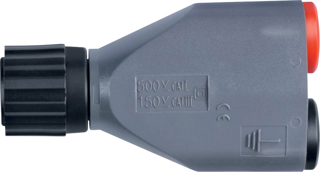 Elektrický konektor s nápisem '500V CAT II 150V CAT III'. Funkční část: napěťový adaptér s ochrannou funkcí.