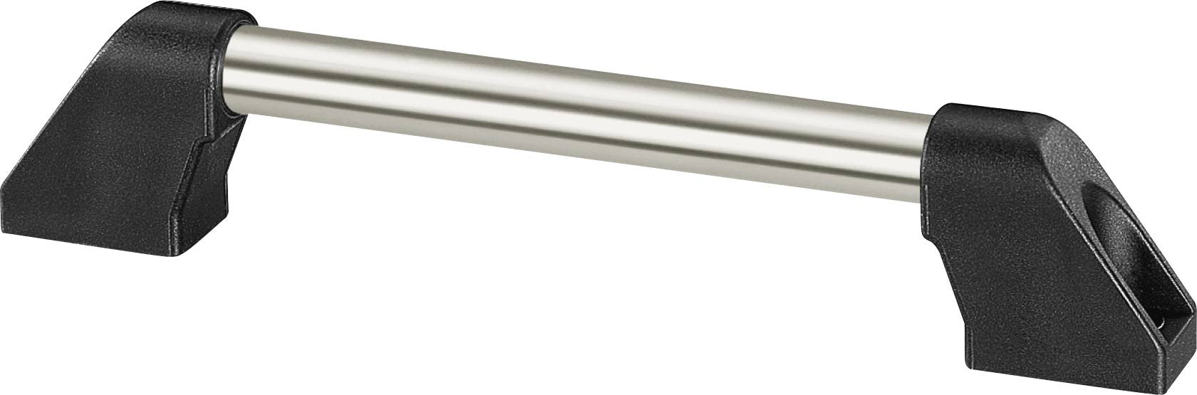 Kovová klika s černými plastovými koncovkami. Vhodná pro montáž na dveře nebo zásuvky, poskytuje bezpečné uchopení.
