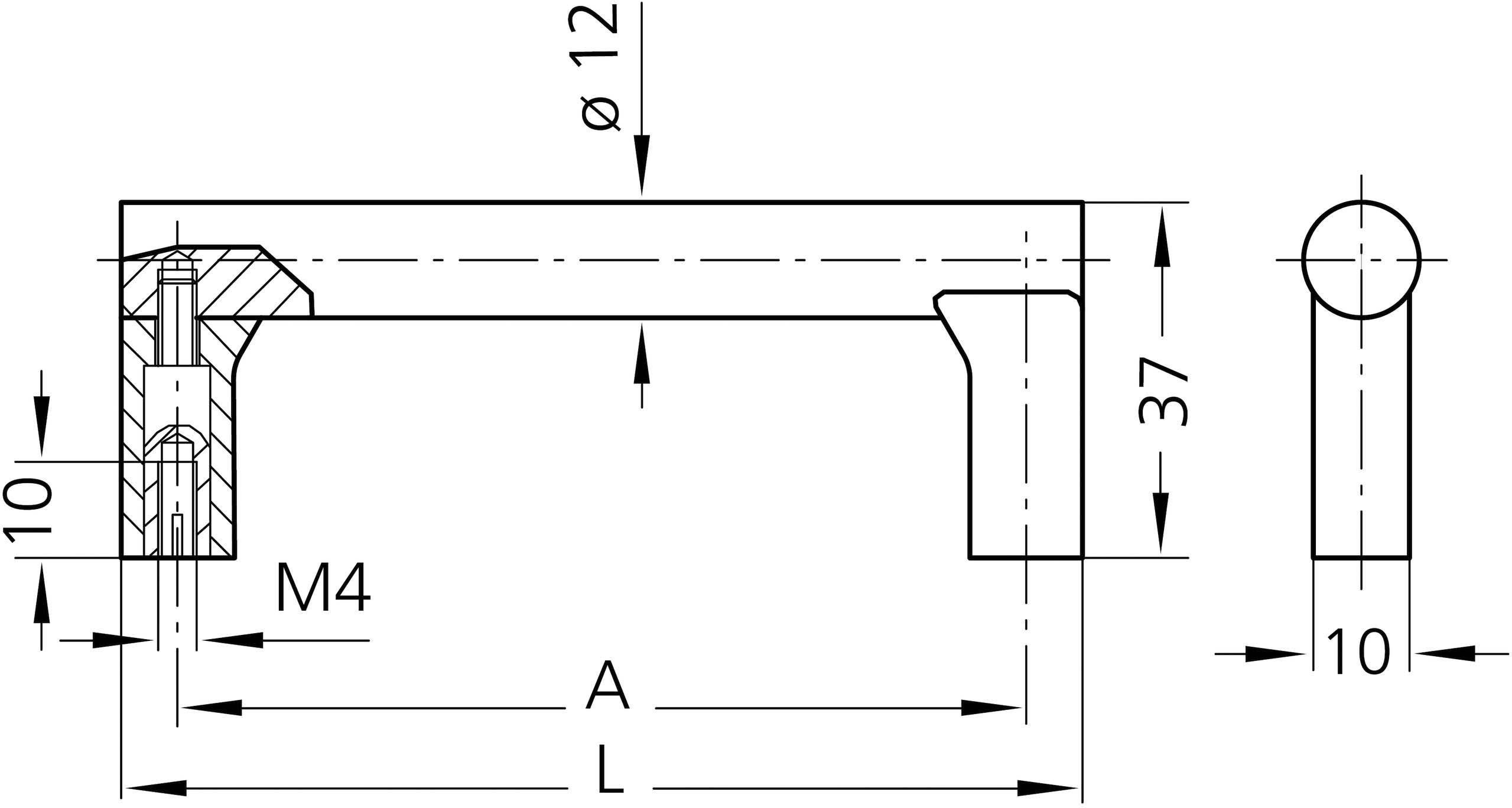 Technický výkres rukojeti: rozměry L, A a 37 mm, otvor Ø12 mm, závit M4, šířka 10 mm. Zobrazeno boční a čelní pohled.