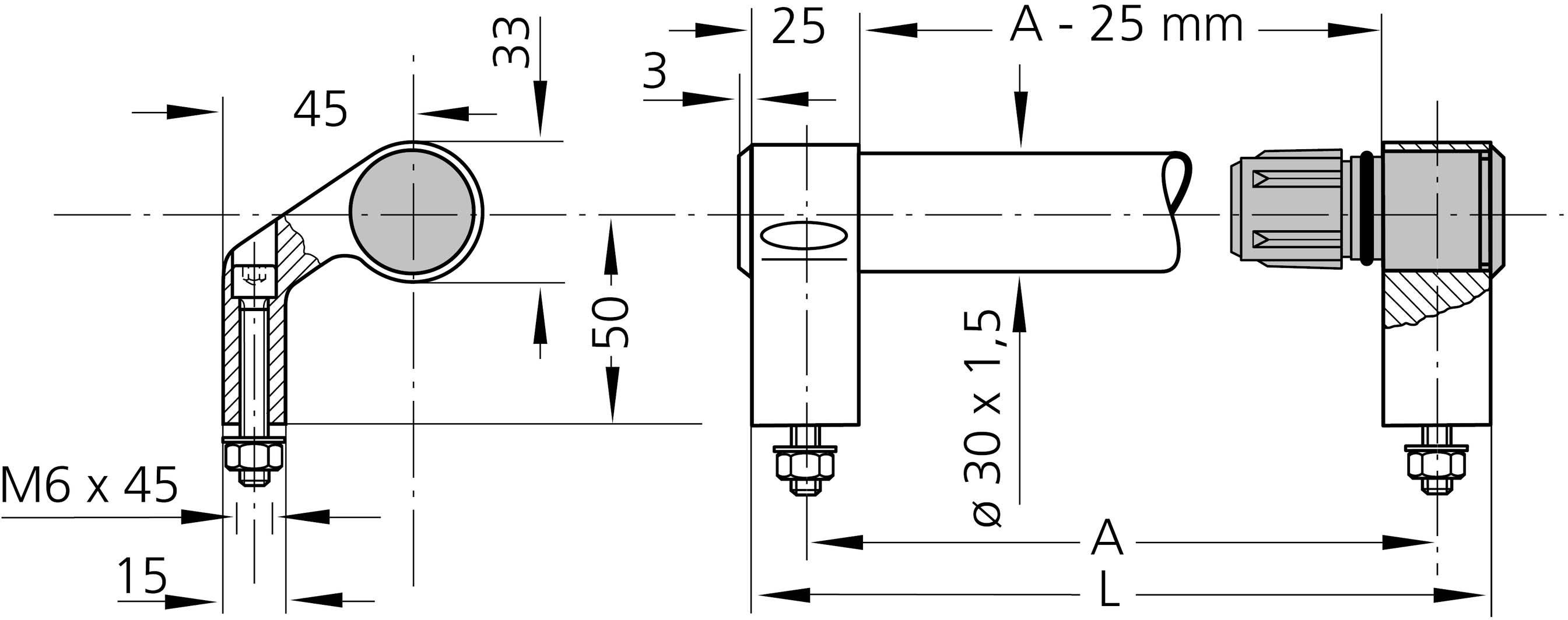 Technický výkres úhlu s rozměry: 45 mm x 33 mm x 50 mm. Délka šroubu M6 x 45. Průměr 30 mm a další rozměry.