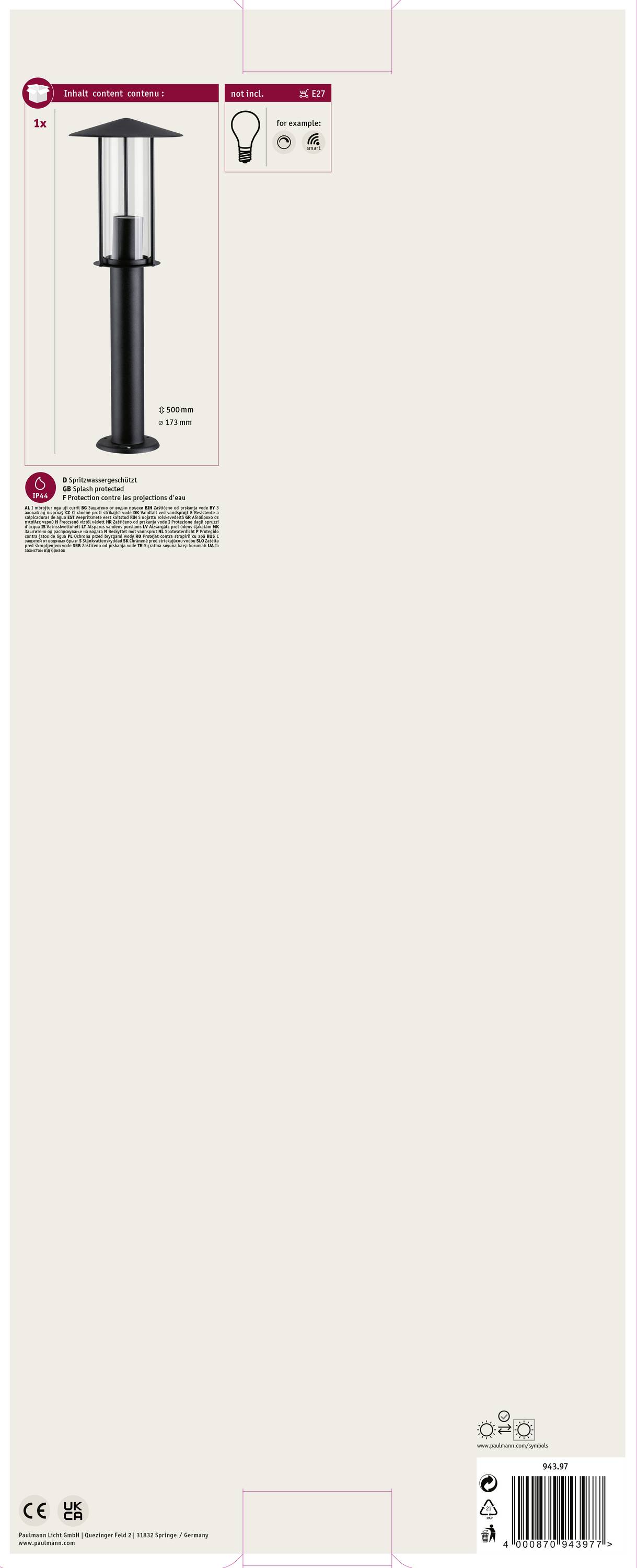 Stojací lampa do exteriéru, černá, výška 120 cm. Vhodná pro žárovky E27, maximálně 20W. Stupeň krytí IP44 pro ochranu před stříkající vodou.