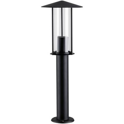 Černá, moderní zahradní lampa s průhledným skleněným válcem na vysokém, úzkém podstavci.