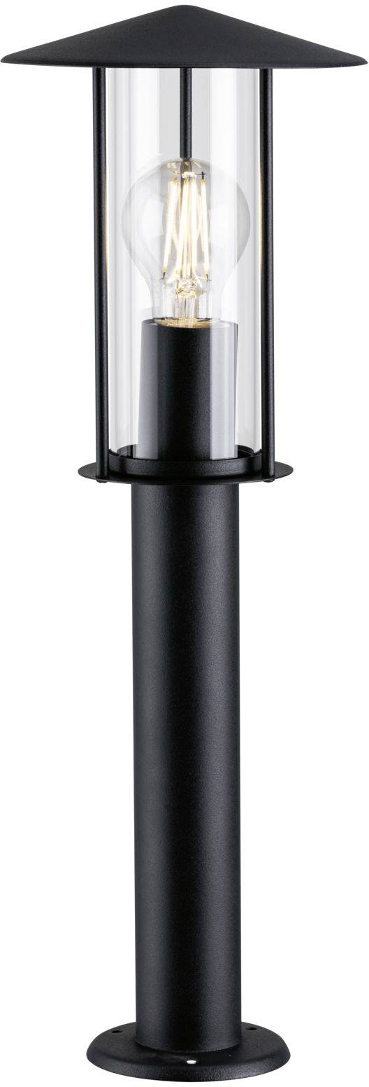 Černá stojací lampa s průhledným skleněným válcem a viditelným světelným zdrojem, vhodná do exteriéru.